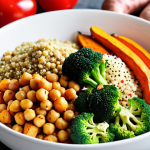 **

A vibrant and colorful vegan meal showcasing a variety of whole plant foods. Focus on a close-up shot of a bowl filled with quinoa, roasted vegetables (such as bell peppers, broccoli, and sweet potatoes), chickpeas, and a sprinkle of fresh herbs. The background should be blurred, but suggest a bright and airy kitchen setting. The overall mood should be appetizing and healthy.

**