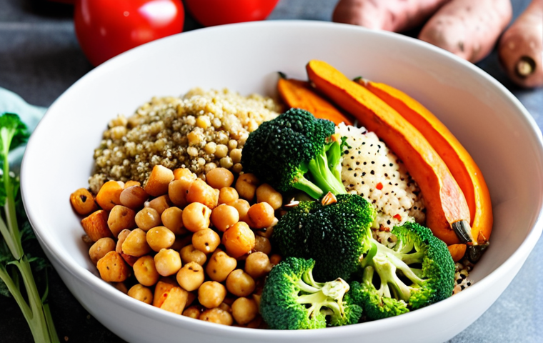 **
A vibrant and colorful vegan meal showcasing a variety of whole plant foods. Focus on a close-up shot of a bowl filled with quinoa, roasted vegetables (such as bell peppers, broccoli, and sweet potatoes), chickpeas, and a sprinkle of fresh herbs. The background should be blurred, but suggest a bright and airy kitchen setting. The overall mood should be appetizing and healthy.
**