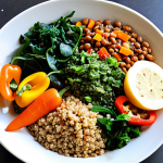 **

A vibrant and colorful plate filled with a variety of plant-based foods. Include lentils, beans, tofu, quinoa, various vegetables (leafy greens, colorful peppers, carrots), and fresh herbs. The dish should look appetizing and showcase the diversity of vegan protein sources and nutrients. The setting could be a bright, modern kitchen with natural light. The overall feeling is healthy and delicious.

**