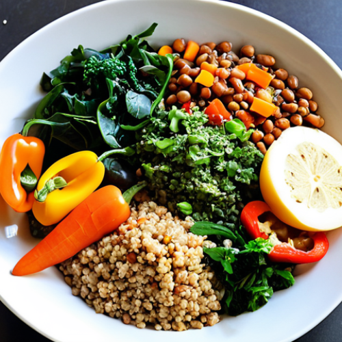 Home 7 **
A vibrant and colorful plate filled with a variety of plant-based foods. Include lentils, beans, tofu, quinoa, various vegetables (leafy greens, colorful peppers, carrots), and fresh herbs. The dish should look appetizing and showcase the diversity of vegan protein sources and nutrients. The setting could be a bright, modern kitchen with natural light. The overall feeling is healthy and delicious.
**