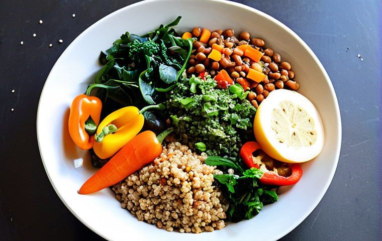 **
A vibrant and colorful plate filled with a variety of plant-based foods. Include lentils, beans, tofu, quinoa, various vegetables (leafy greens, colorful peppers, carrots), and fresh herbs. The dish should look appetizing and showcase the diversity of vegan protein sources and nutrients. The setting could be a bright, modern kitchen with natural light. The overall feeling is healthy and delicious.
**