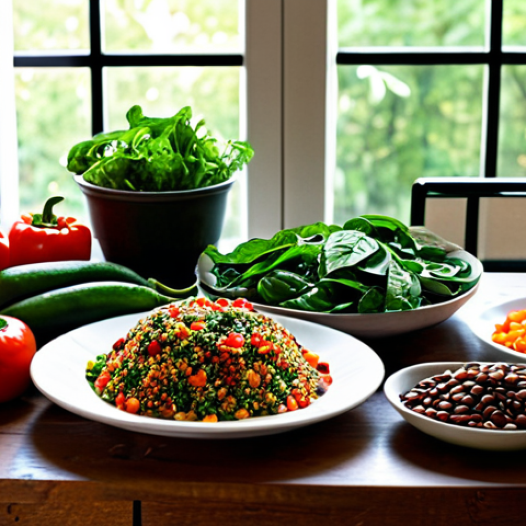 Vibrant Vegan Feast**
"A colorful and abundant vegan meal on a wooden table, overflowing with fresh fruits, vegetables, whole grains, and legumes. Focus on showcasing a variety of textures and colors. Include bright red bell peppers, dark green spinach, orange carrots, and various types of beans. Background: A sunlit kitchen with herbs growing in pots on the windowsill. Realistic, high-resolution photography, perfect lighting, safe for work, appropriate content, fully clothed, professional, modest, family-friendly, perfect anatomy, correct proportions, natural pose, well-formed hands, proper finger count, natural body proportions."
**
