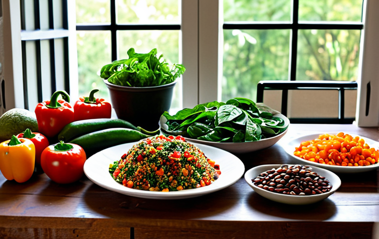 Vibrant Vegan Feast**

"A colorful and abundant vegan meal on a wooden table, overflowing with fresh fruits, vegetables, whole grains, and legumes. Focus on showcasing a variety of textures and colors. Include bright red bell peppers, dark green spinach, orange carrots, and various types of beans. Background: A sunlit kitchen with herbs growing in pots on the windowsill. Realistic, high-resolution photography, perfect lighting, safe for work, appropriate content, fully clothed, professional, modest, family-friendly, perfect anatomy, correct proportions, natural pose, well-formed hands, proper finger count, natural body proportions."

**