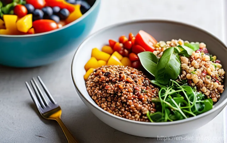 비건 접시에서의 균형 잡기 - **Vibrant Plant-Based Family Meal**
A bright, inviting scene of a diverse family (e.g., parents ...