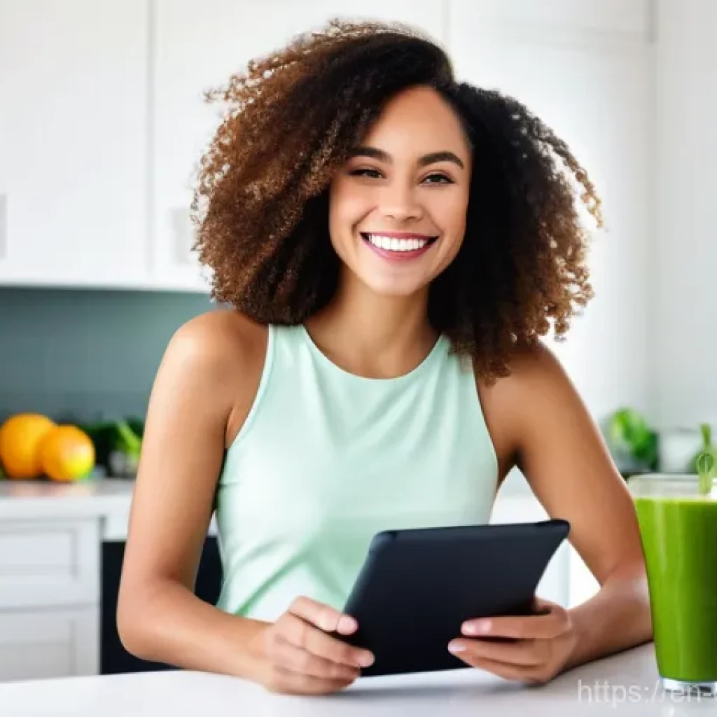 비건 식단을 위한 영양소 추적 애플리케이션 - A radiant, diverse young woman in a brightly lit, modern kitchen, smiling confidently as she views a...