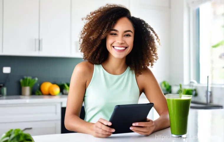 비건 식단을 위한 영양소 추적 애플리케이션 - A radiant, diverse young woman in a brightly lit, modern kitchen, smiling confidently as she views a...