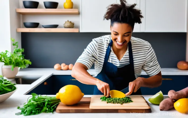 비건 식단을 위한 영양소 추적 애플리케이션 - A radiant, diverse young woman in a brightly lit, modern kitchen, smiling confidently as she views a... 비건 식단을 위한 영양소 추적 애플리케이션 - A radiant, diverse young woman in a brightly lit, modern kitchen, smiling confidently as she views a...