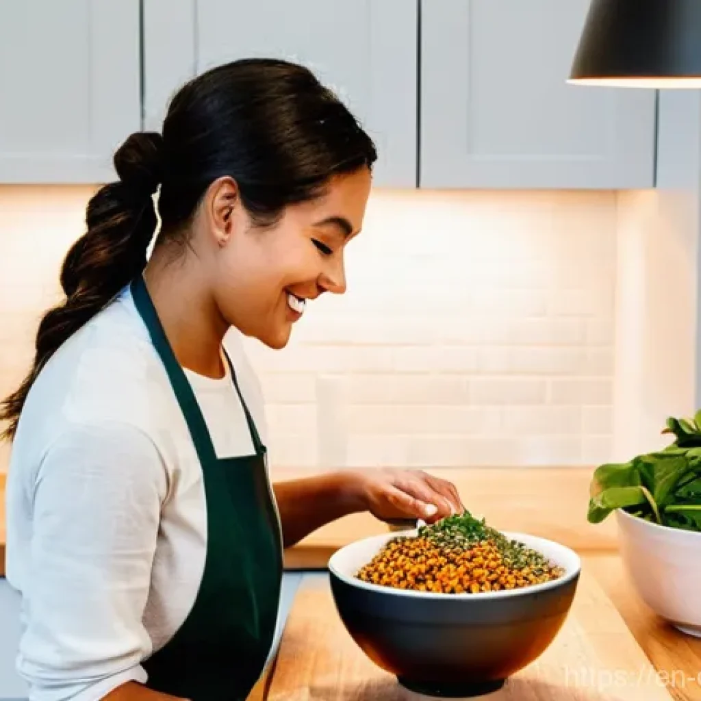 비건 식단을 위한 요리법 책 추천 - **Prompt:** A cozy, modern kitchen scene bathed in warm, soft afternoon light. A smiling woman in he...