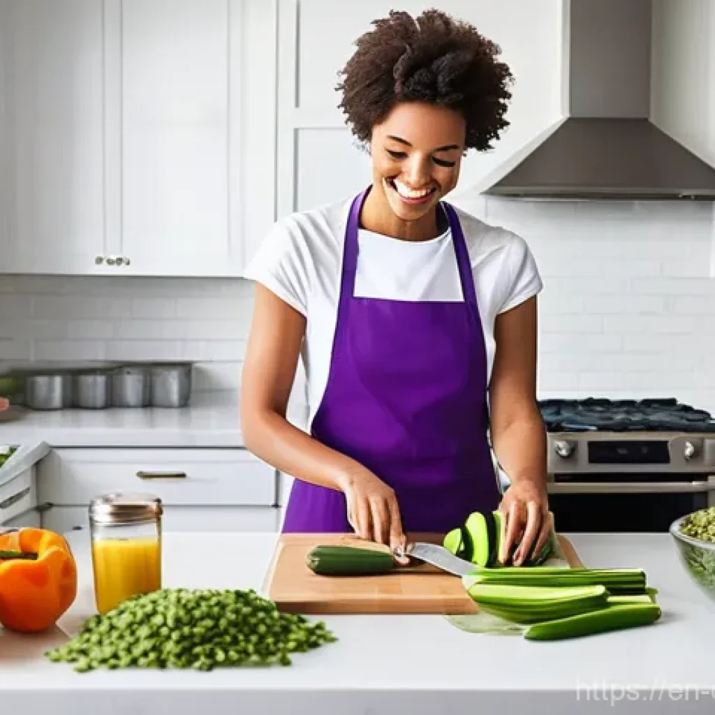 비건 식사 준비를 위한 팁과 트릭 - **Prompt:** A vibrant, well-organized vegan meal prep scene in a sun-drenched, modern kitchen. A gen...