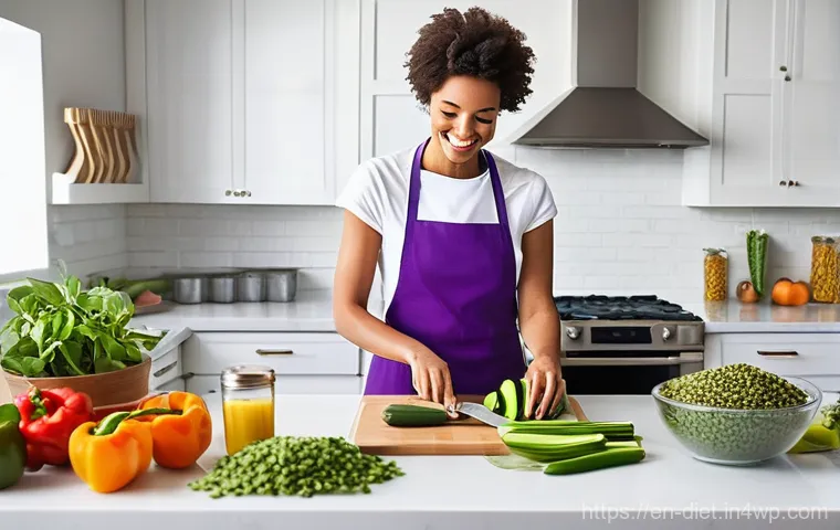 비건 식사 준비를 위한 팁과 트릭 - **Prompt:** A vibrant, well-organized vegan meal prep scene in a sun-drenched, modern kitchen. A gen...