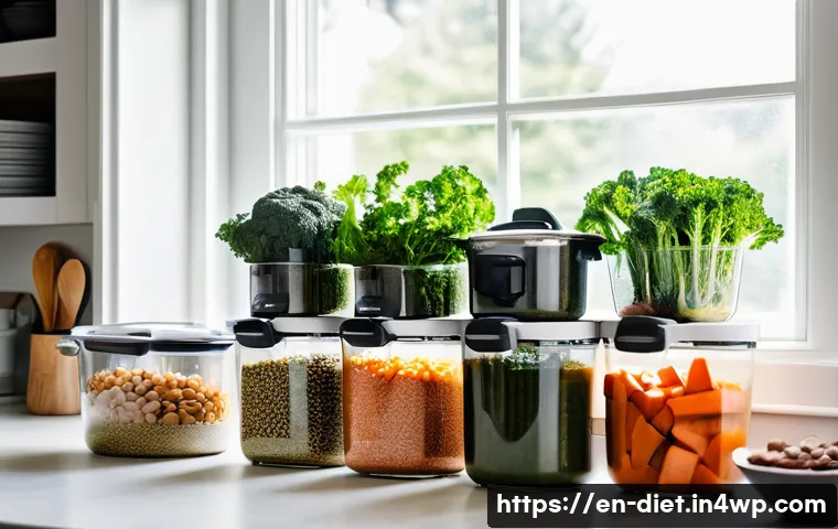 비건 식단을 위한 바쁜 일상 속 만들기 - A bright and organized modern kitchen scene showing a person batch cooking vegan meals on a weekend ...