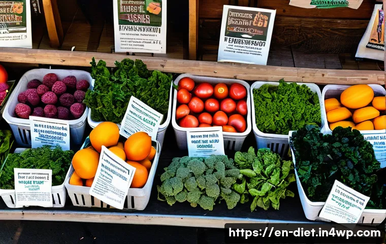 비건 식단을 위한 지역 농산물 활용하기 - A vibrant farmers’ market scene on a sunny morning in a small American town, featuring diverse stall...
