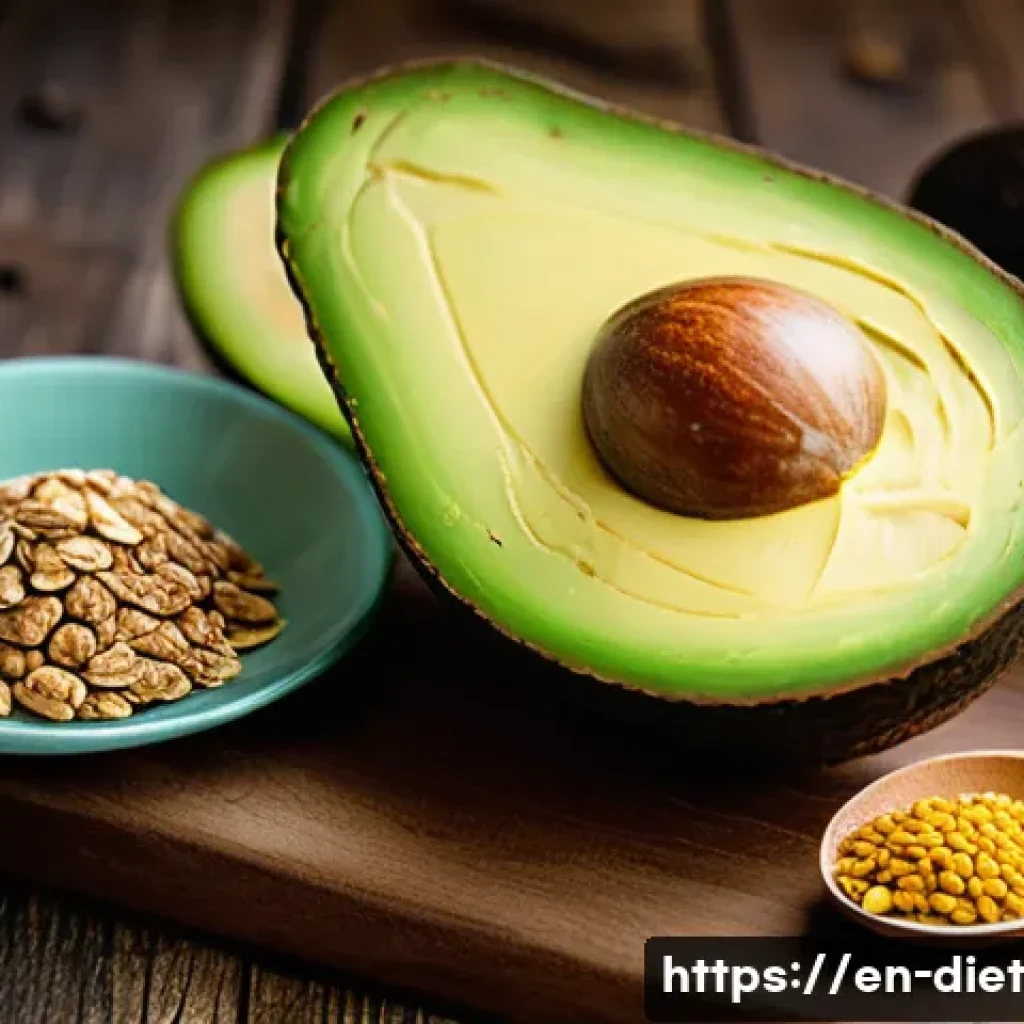 비건 식단에서의 지방 섭취 조절하기 - A vibrant, close-up still life composition featuring a variety of heart-healthy plant-based fats: ri...