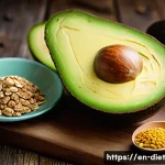 Home 19 비건 식단에서의 지방 섭취 조절하기 - A vibrant, close-up still life composition featuring a variety of heart-healthy plant-based fats: ri...