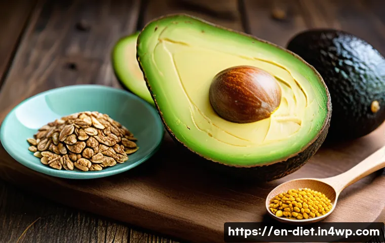 비건 식단에서의 지방 섭취 조절하기 - A vibrant, close-up still life composition featuring a variety of heart-healthy plant-based fats: ri...