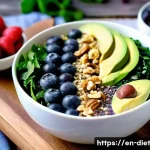 Home 18 비건 식단을 위한 유익한 슈퍼푸드 - A vibrant, close-up shot of a colorful vegan smoothie bowl topped with fresh kale leaves, spinach, c...