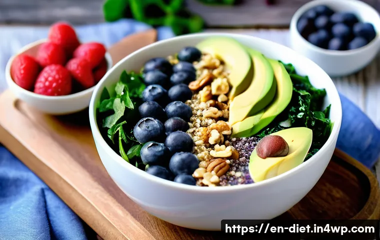 비건 식단을 위한 유익한 슈퍼푸드 - A vibrant, close-up shot of a colorful vegan smoothie bowl topped with fresh kale leaves, spinach, c...