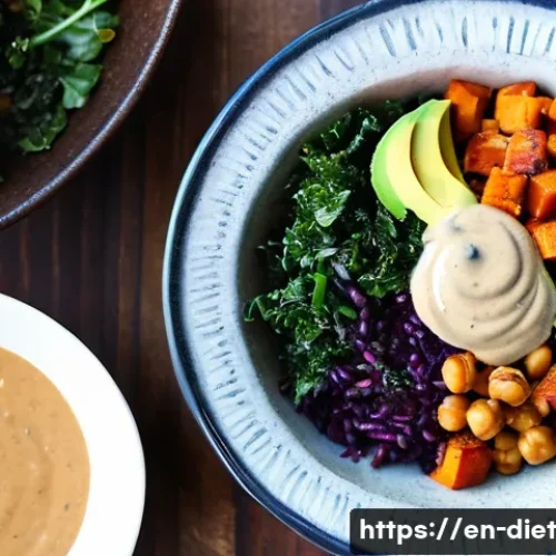 Home 17 비건 식단을 위한 맛있는 간편식 - A vibrant, close-up overhead shot of a colorful vegan ready-to-eat bowl featuring quinoa, roasted sw...