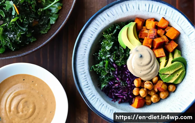 비건 식단을 위한 맛있는 간편식 - A vibrant, close-up overhead shot of a colorful vegan ready-to-eat bowl featuring quinoa, roasted sw...