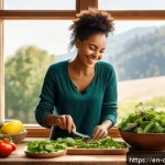 Home 19 비건 식단의 장기적인 건강 이점 - A vibrant, sunlit kitchen scene featuring a diverse spread of colorful whole-food plant-based dishes...