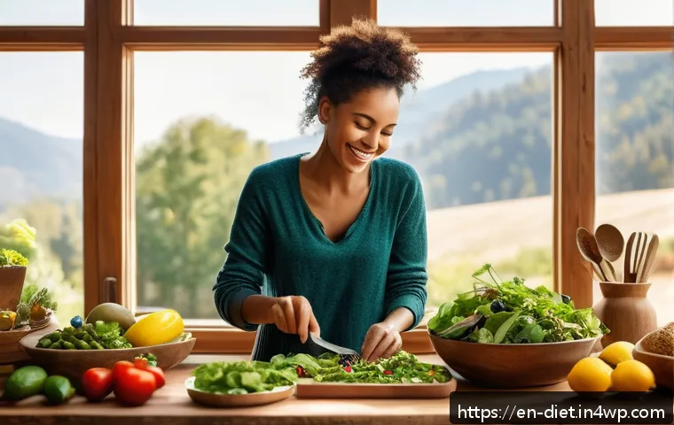 비건 식단의 장기적인 건강 이점 - A vibrant, sunlit kitchen scene featuring a diverse spread of colorful whole-food plant-based dishes...