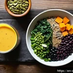 Home 18 영양학적으로 균형 잡힌 비건 식단 만들기 - A vibrant, colorful vegan meal spread featuring a variety of plant-based complete protein sources: a...