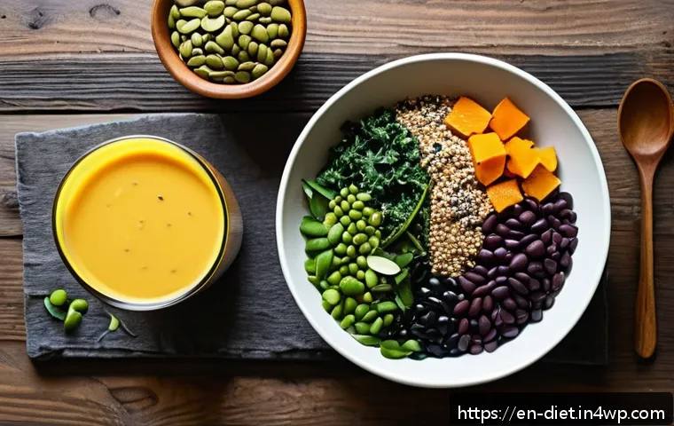 영양학적으로 균형 잡힌 비건 식단 만들기 - A vibrant, colorful vegan meal spread featuring a variety of plant-based complete protein sources: a...