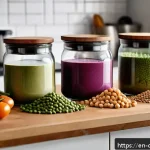 Home 23 비건 식단과 관련된 최신 연구 동향 - A vibrant, modern kitchen scene showcasing a diverse array of plant-based protein sources including ...