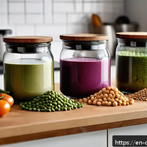 Home 17 비건 식단과 관련된 최신 연구 동향 - A vibrant, modern kitchen scene showcasing a diverse array of plant-based protein sources including ...