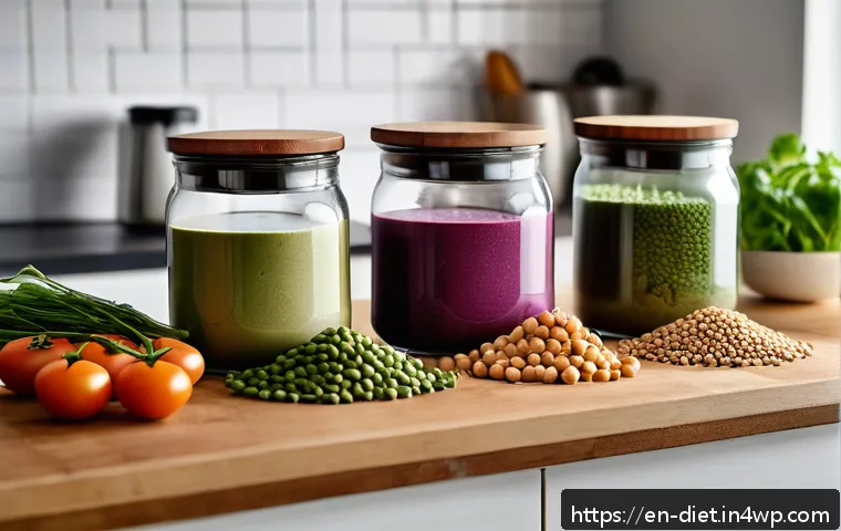 비건 식단과 관련된 최신 연구 동향 - A vibrant, modern kitchen scene showcasing a diverse array of plant-based protein sources including ...