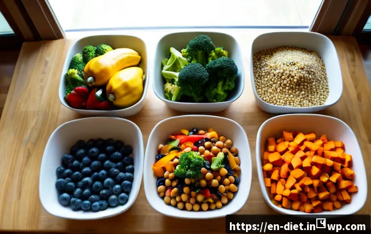 비건 식단을 위한 다채로운 색상 활용하기 - Photorealistic overhead view of a vibrant vegan meal-prep table, neatly arranged rainbow vegetables ...