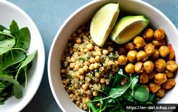 비건 식단에서의 염분 조절 중요성 - Photorealistic overhead view of a balanced low-sodium vegan meal on a bright home kitchen table: col...