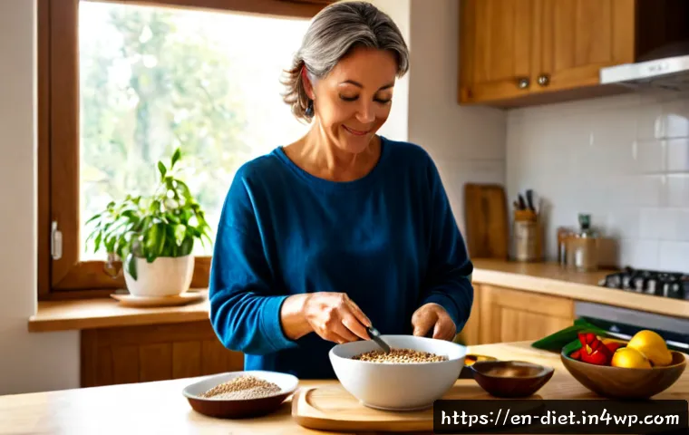 비건 다이어트로 피로 회복하기 - Photorealistic morning kitchen scene of a refreshed middle-aged woman preparing a vibrant vegan brea...