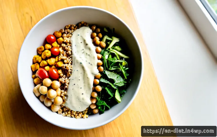 Home 17 비건 식단을 위한 쉽고 간편한 레시피 - Photorealistic overhead view of a quick vegan grain bowl on a light oak kitchen table, arranged with...